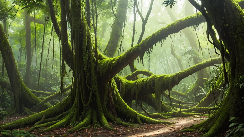 Rainforest where trees have twisted trunks and leaves that look like they're made of water. A central clearing reveals a lake reflecting a grayish sky where rain creatures, like flying fish and glass frogs, float across the scene Smooth, ethereal animation style, with a soft and fresh color palette: light blues, bright greens and delicate pinks