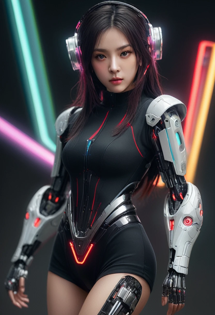 xxmixgirl. Highly detailed professional 35mm film, bokeh, face in sharp focus. A robotic female, Miku, with ((metal skin)), ((perfect Asian eyes)) with magenta irises and ((black pupils)), beautiful serious (detailed face), 18 year old ((photorealistic face)), very long magenta twin tails of magenta hair, twin black hair ties with a single red stripe. She may have a black audio headpiece. We can see her ((full body)) down to her boot soles. Her outfit is a sleeveless collared light grey shirt, outlined in red around the frilled collar and hems. Shiny reflective ((metallic breast cups, dimpleless)), invisible nipples. She wears black sleeves with red hems that start around her upper arm and bellow out as the sleeves open and extend to her wrists, with wide trumpet red rimmed cuffs. She has perfect robotic (detailed hands). She wears a red colored tie with two horizontal solid parallel black lines halfway across. She wears a fabric black skirt with a horizontal red hem at the bottom all the way around; her (((black skirt wraps around her))) and ((her skirt completely covers)) her robotic waist and thighs. Tall black boots with red bottom soles, a red rim around the top at her thighs. Her mechanical shoulder joints are visible. We can see her robotic legs and robotic neck. Half of her is covered with shiny polished machinery. The background is a distant dark neon futuristic Japanese city, gold, cyan, violet neon, near harbor or mountains.