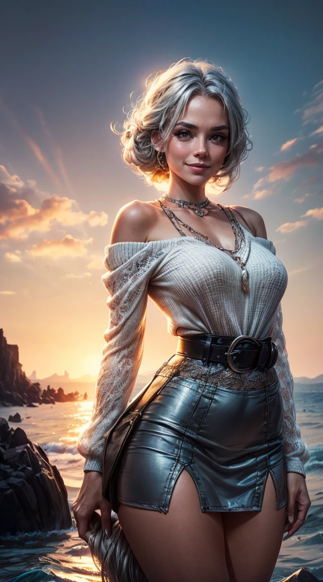 sunset city,The actress is a very beautiful Western adult woman...... bobbin lace ruffle miniskirt,sexy face, Belt pouch, Oversized Loose Bobbin Lace Sweater, V-neck and cold shoulders . happy smile.sexy face, (silver hair、Bollos retorcidos en una Horse tail adornados con trenzas y cuentas elaboradas.,Fishbone Braiding Hair,),(The fringes are transparent fringes.),(shorten、Horse tail、by the floating、),.(great emphasis:1.3),Use the sunset as lighting.,cinematic light,(mesa,Maximum quality,Ultra-high resolution output image,) ,(8K quality,),(marine art mode 2:1.3),,(Ultra HD picture mode,)