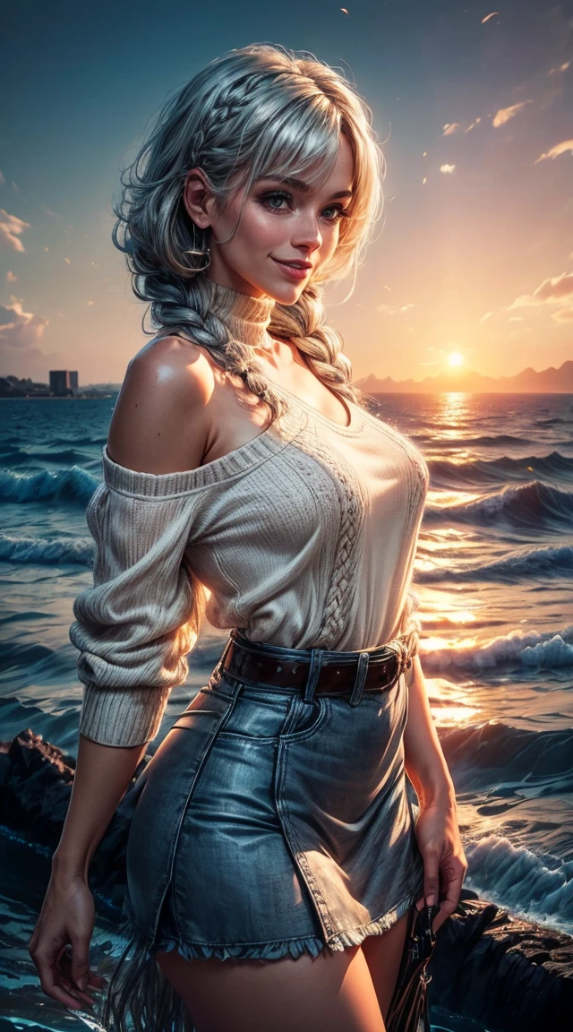 sunset city,The actress is a very beautiful Western adult woman...... bobbin lace ruffle miniskirt,sexy face, Belt pouch, Oversized Loose Bobbin Lace Sweater, V-neck and cold shoulders . happy smile.sexy face, (silver hair、Bollos retorcidos en una Horse tail adornados con trenzas y cuentas elaboradas.,Fishbone Braiding Hair,),(The fringes are transparent fringes.),(shorten、Horse tail、by the floating、),.(great emphasis:1.3),Use the sunset as lighting.,cinematic light,(mesa,Maximum quality,Ultra-high resolution output image,) ,(8K quality,),(marine art mode 2:1.3),,(Ultra HD picture mode,)
