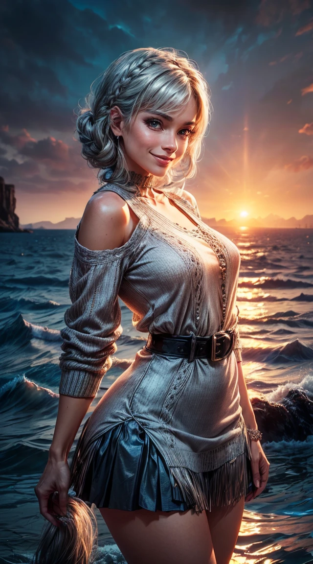 sunset city,The actress is a very beautiful Western adult woman...... bobbin lace ruffle miniskirt,sexy face, Belt pouch, Oversized Loose Bobbin Lace Sweater, V-neck and cold shoulders . happy smile.sexy face, (silver hair、Bollos retorcidos en una Horse tail adornados con trenzas y cuentas elaboradas.,Fishbone Braiding Hair,),(The fringes are transparent fringes.),(shorten、Horse tail、by the floating、),.(great emphasis:1.3),Use the sunset as lighting.,cinematic light,(mesa,Maximum quality,Ultra-high resolution output image,) ,(8K quality,),(marine art mode 2:1.3),,(Ultra HD picture mode,)
