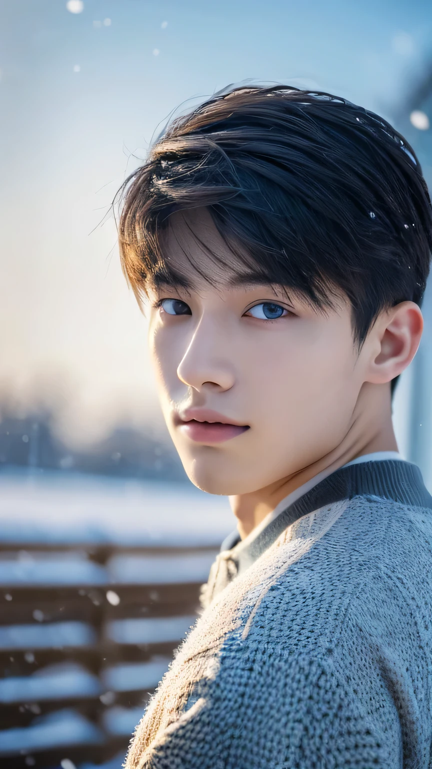 Highest quality, masterpiece, Ultra-high resolution, (Realistic: 1.4), Original photo, wallpaper, Head Photo, skin, Simple Background, Iris, detailed, Selfie, 1 boy, 18-year-old, good looking, Wind,Snow Scene