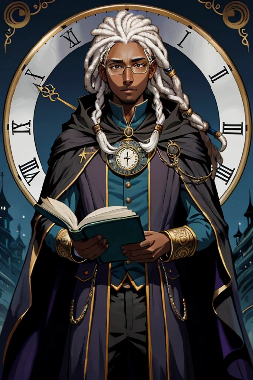 Time Wizard. male. Young. Black. Dark skin. Pocket watch. Dreads. Circle Glasses. Unhinged. Nervous. Neurotic. Eyebags. Fantasy. Chronomancer. Bookish. white hair. Scared. Young. Clean shaven. Tired. Cloak. Tired. Young adult. Clockwork. Dreadlocks