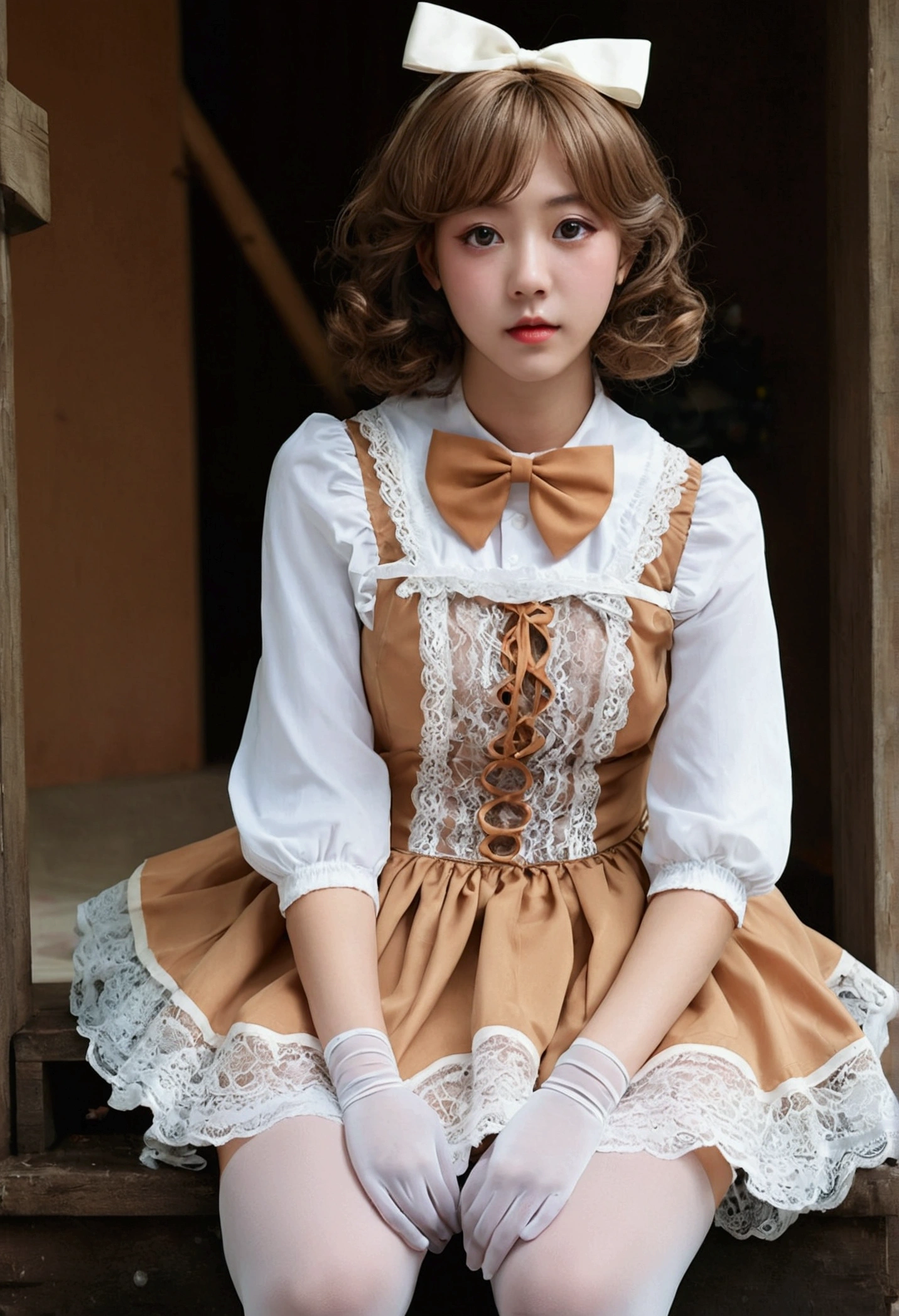 masutepiece、masuter piece、Solo, Super detailed drawing,Super delicate、32K、Long skirt, (Transparent material), super gorgeous dress, Extreme multiplication, Glossy crystal, Cinematic lighting, Curly hair, Roman Karl, (Glaring)、upright posture、Condescending、Hands on hips、(Raise one knee)、(Open both knees)、a stepping stone in front of me、(put one foot on a step stool)、(Condescending eyes)、frilld, cloudy, Alice in Wonderland, dramatic compositions, Extreme Detail, High resolution, lolita dress, Bow, Pearl Necklace, Lace gloves, Bow, bow ribbon, floating, Levitating, fly, cloudy, dot線, Dreamy, (Transparent fabric), Layered yarn, ((thin gauze skirt))、((((Angle where you can see inside the skirt))))、(((upside down angle)))、(Lace panties)、(white pantyhose)、(Cameltoe)、(super precision pantyhose)、(Delicate pantyhose, (lace panties total)、(Camel toe through panties)