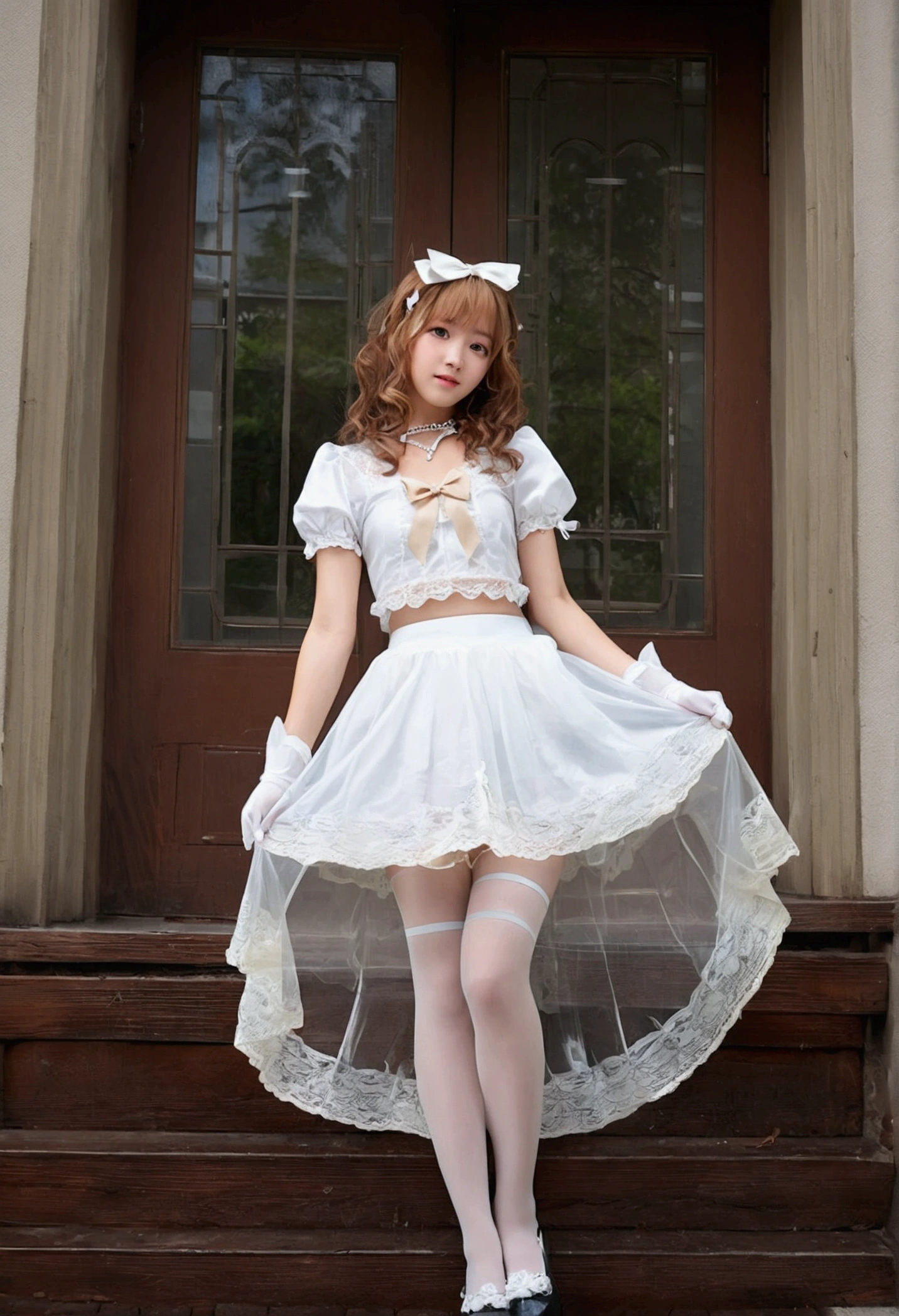 masutepiece、masuter piece、Solo, Super detailed drawing,Super delicate、32K、Long skirt, (Transparent material), super gorgeous dress, Extreme multiplication, Glossy crystal, Cinematic lighting, Curly hair, Roman Karl, (Glaring)、upright posture、Condescending、Hands on hips、(Raise one knee)、(Open both knees)、a stepping stone in front of me、(put one foot on a step stool)、(Condescending eyes)、frilld, cloudy, Alice in Wonderland, dramatic compositions, Extreme Detail, High resolution, ta dress, Bow, Pearl Necklace, Lace gloves, Bow, bow ribbon, floating, Levitating, fly, cloudy, dot線, Dreamy, (Transparent fabric), Layered yarn, ((thin gauze skirt))、((((Angle where you can see inside the skirt))))、(((upside down angle)))、(Lace panties)、(white pantyhose)、(Cameltoe)、(super precision pantyhose)、(Delicate pantyhose, (lace panties total)、(Camel toe through panties)