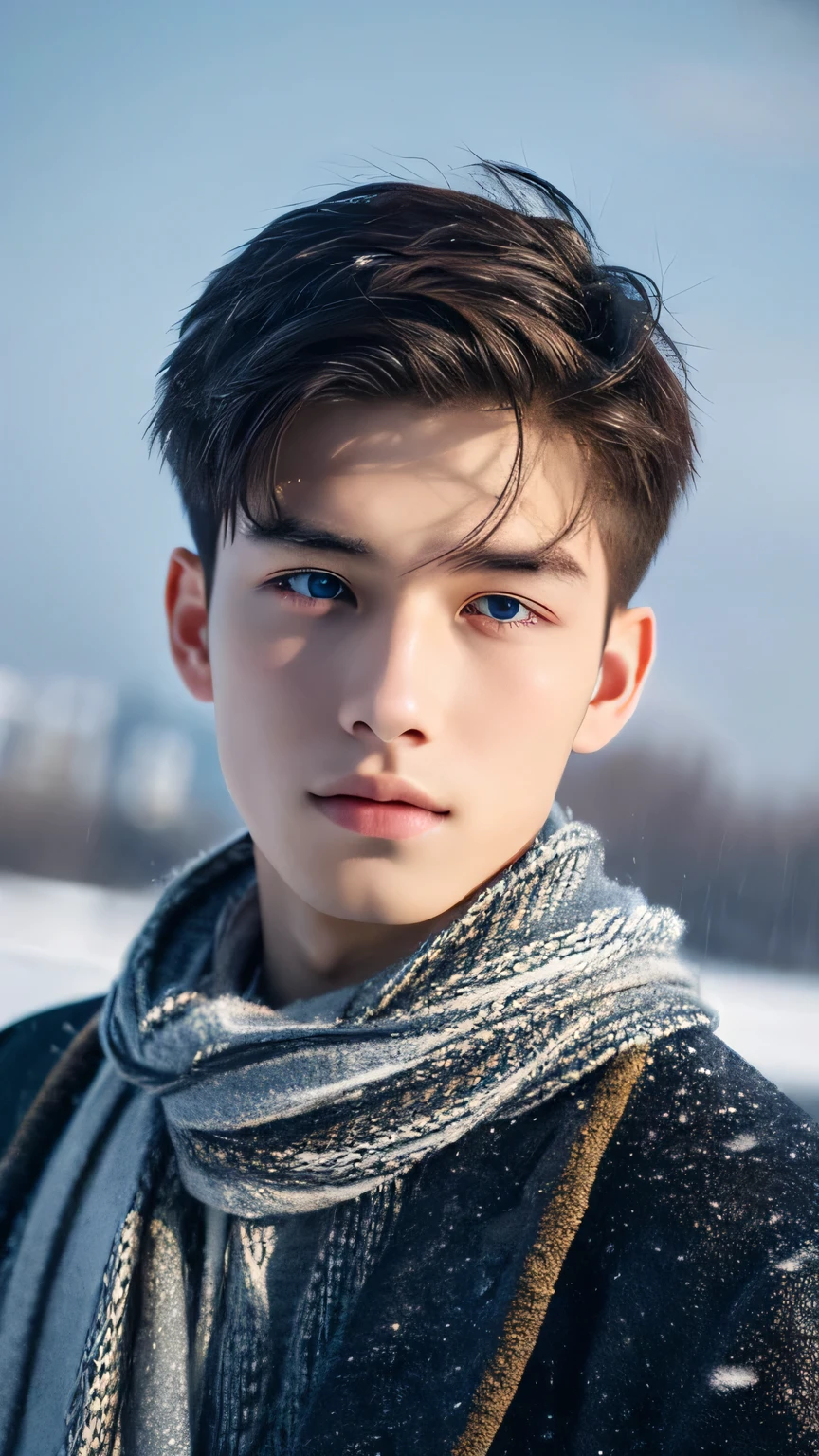 Highest quality, masterpiece, Ultra-high resolution, (Realistic: 1.4), Original photo, wallpaper, Head Photo, skin, Simple Background, Iris, detailed, Selfie, 1 boy, 18-year-old, good looking, Wind,Snow Scene
