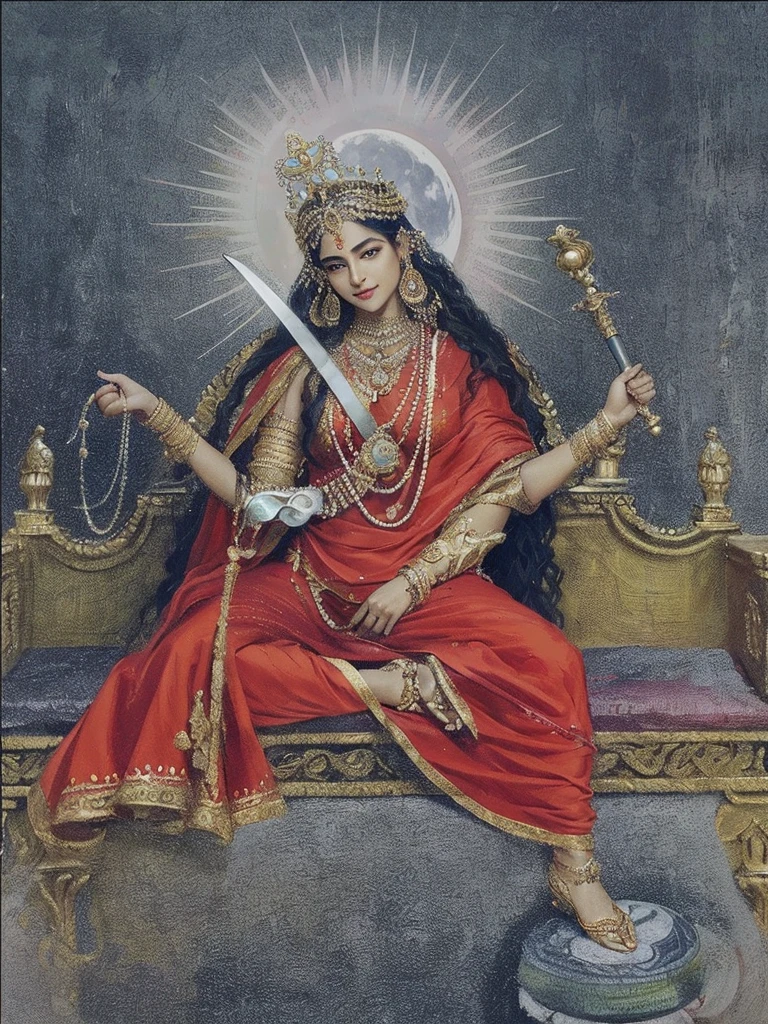 1 goddess, detailed face, beautiful eyes, intoxicating gaze, long flowing hair, four arms, smiling expression, crescent moon on forehead, slim curvy figure, big breasts, perspiring slightly, three folds of skin and vertical line of hair below navel, seated on corpse throne, wearing red garments and jewelry, holding skull in left hand and sword in right hand, acrylic on canvas, baroque style, inspired by Indian mythology, (best quality,4k,8k,highres,masterpiece:1.2),ultra-detailed,(realistic,photorealistic,photo-realistic:1.37),highly detailed description, by Peter Paul Rubens