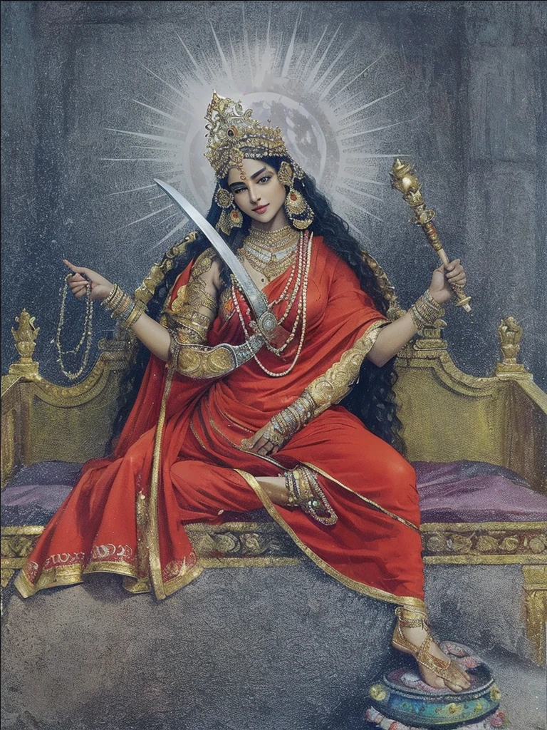 1 goddess, detailed face, beautiful eyes, intoxicating gaze, long flowing hair, four arms, smiling expression, crescent moon on forehead, slim curvy figure, big breasts, perspiring slightly, three folds of skin and vertical line of hair below navel, seated on corpse throne, wearing red garments and jewelry, holding skull in left hand and sword in right hand, acrylic on canvas, baroque style, inspired by Indian mythology, (best quality,4k,8k,highres,masterpiece:1.2),ultra-detailed,(realistic,photorealistic,photo-realistic:1.37),highly detailed description, by Peter Paul Rubens