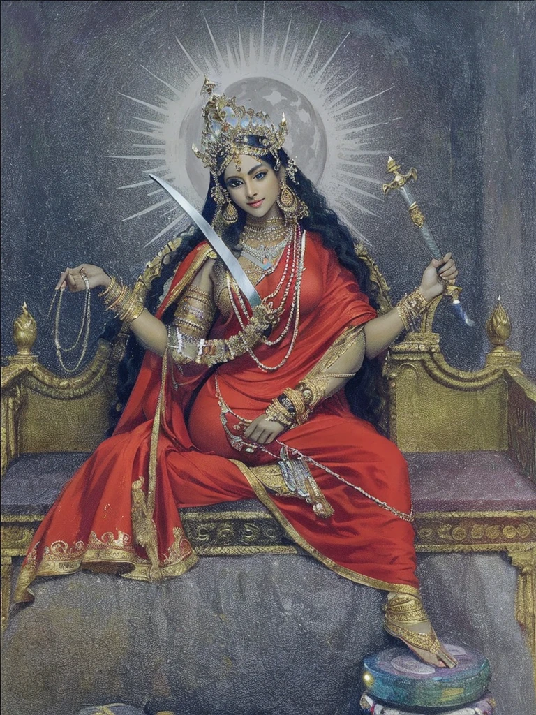 1 goddess, detailed face, beautiful eyes, intoxicating gaze, long flowing hair, four arms, smiling expression, crescent moon on forehead, slim curvy figure, big breasts, perspiring slightly, three folds of skin and vertical line of hair below navel, seated on corpse throne, wearing red garments and jewelry, holding skull in left hand and sword in right hand, acrylic on canvas, baroque style, inspired by Indian mythology, (best quality,4k,8k,highres,masterpiece:1.2),ultra-detailed,(realistic,photorealistic,photo-realistic:1.37),highly detailed description, by Peter Paul Rubens