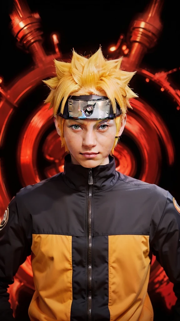 1male, uzumaki naruto in anime naruto, short hair , yellow hair, blue eyes, handsome, orange clothes, realistic clothes, detail clothes, outdoor background, ultra detail, realistic