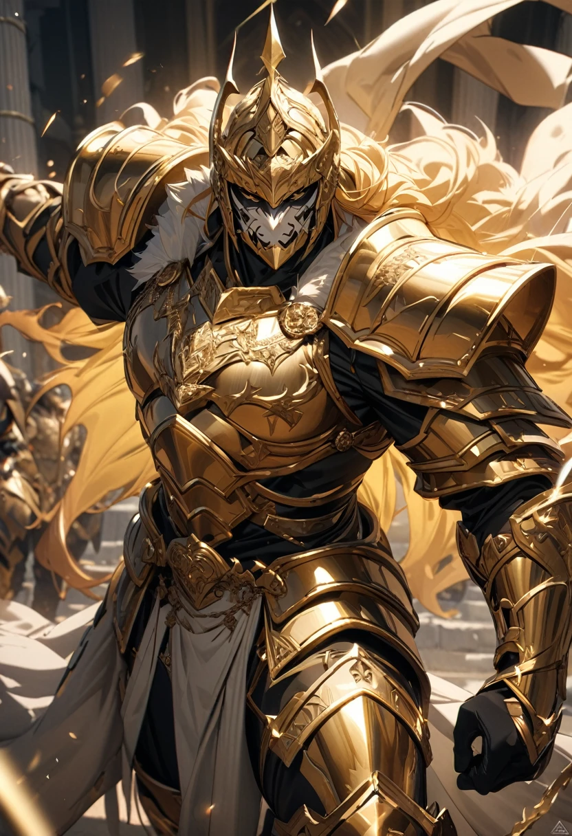 masterpiece, 8k, best quality, highly detailed, a male human warrior wearing a set of gold metal barbarian armor that emanate an aura of holiness