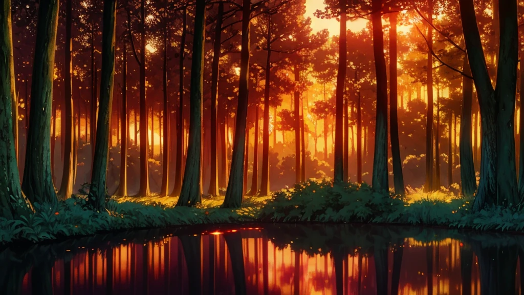 Twilight forest where trees have shadowed trunks and leaves that shine like lights. A central clearing reveals a lake reflecting an orange sky where luminous shadow creatures, like cats of shadow and butterflies of light , float across the scene Smooth, ethereal animation style, with a palette of soft and twilight colors: soft oranges, bright greens and warm pinks