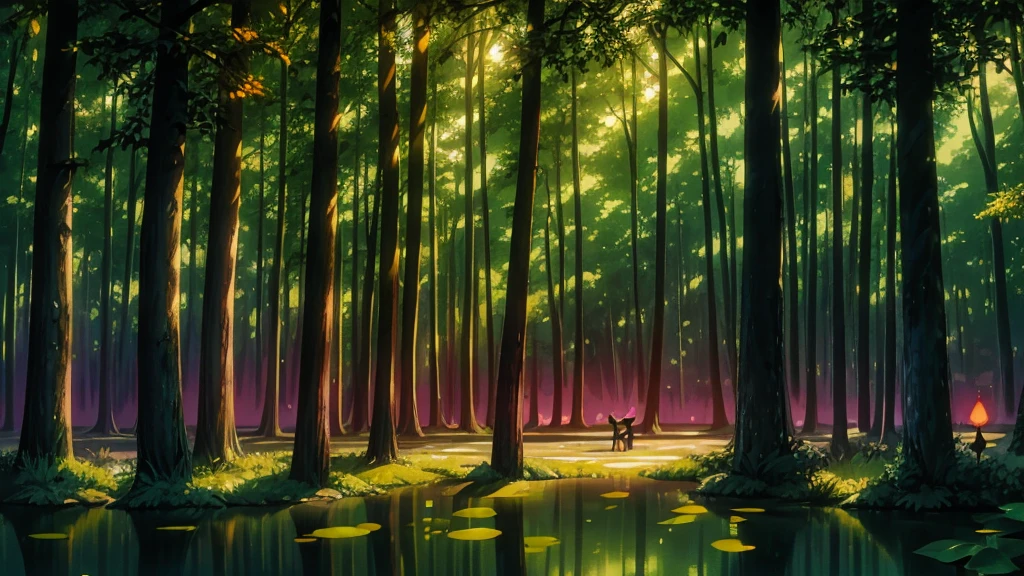 Twilight forest where trees have shadowed trunks and leaves that shine like lights. A central clearing reveals a lake reflecting an orange sky where luminous shadow creatures, like cats of shadow and butterflies of light , float across the scene Smooth, ethereal animation style, with a palette of soft and twilight colors: soft oranges, bright greens and warm pinks