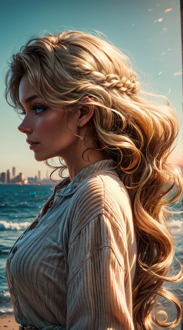 foreground: A pretty woman, blonde hair wavy in the wind. she is a men's magazine model, He has a subtle smile and flirts with the camera., (she wears a short denim motorcycle jacket, casual ribbed t-shirt and leather pants with big belt:1.2), background posing in paris, Paris red light district, green trees, beautiful flowers, ((Sunset:1.3)), (perfect blue eyes:1.21), perfect hands, perfect body, perfect hair, perfect chest, hair behind the ear, happy attitude, UHD, retina, masterpiece, necessary, anatomically correct, textured skin, Super detail, High details, high quality, awarded, Best Quality, High resolution, 16k, 8k,
