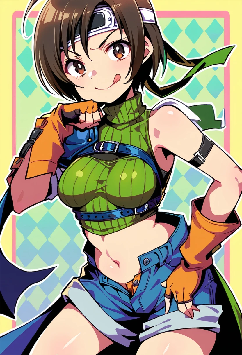 score_9, score_8_up, score_7_up,,BREAK , dynamicangle.,mediumshot,(Standing pose),soro focus,1girl, yuffie kisaragi, final fantasy, short hair,headband,navel,sleeveless,turtleneck,brown eyes,sleeveless turtleneck,solo,breasts,looking at viewer,smile,gloves,crop top,brown hair,shorts,midriff,,sweater,open fly,armor,fingerless gloves,ribbed sweater,medium breasts,,smile,smug,best quality,aesthetic,very aesthetic,masterpiece,high-resolution,  (Proportion).
