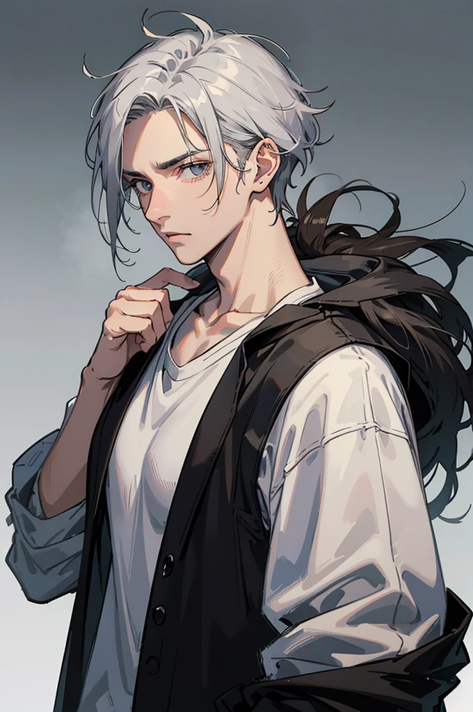 A man with a youthful look on his face, adult body, has gray and messy hair, discouraged face. dark circles in the eyes, wear a gray blouse a little bigger than your size