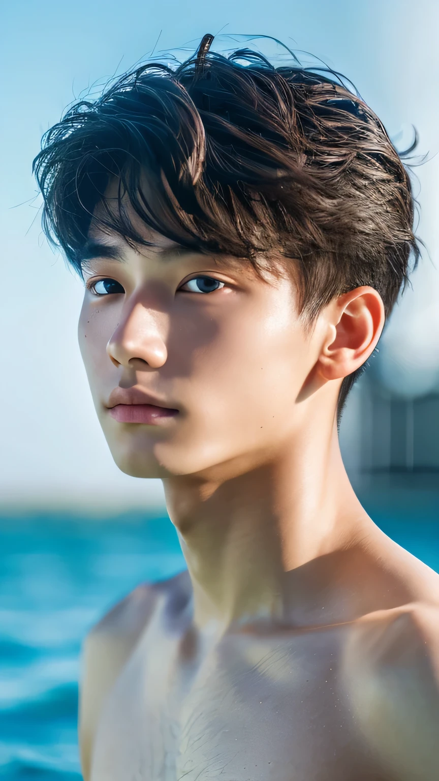 Highest quality, masterpiece, Ultra-high resolution, (Realistic: 1.4), Original photo, wallpaper, Head Photo, skin, Simple Background, Iris, detailed, Selfie, 1 boy, 18-year-old, good looking, Wind,summer、Swimming in the sea