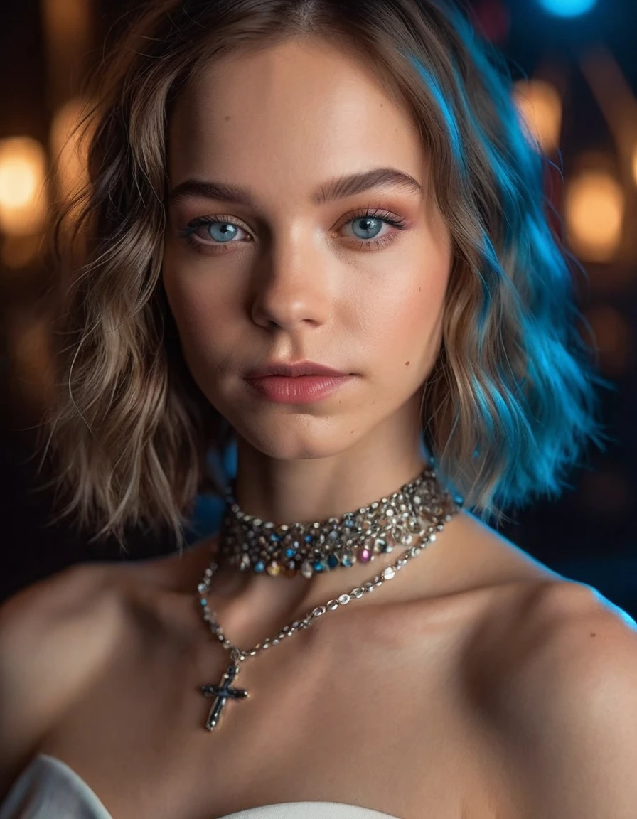 80s Ballroom aesthetic, colorful, cinematic close-up portrait of a young and stunning Belizean Hot Daughter from a ridley scott movie. piercing blue eyes, soft smile, wearing a Hot Daughter outfit, bold makeup, glossy lips, detailed face, stunning beauty, detailed skin, skin texture. (silhouette lighting), (rembrandt lighting), sunshine behind her, highly detailed, insane details, hazy, medium format, film grain, 100mm focal length, shot on ALEXA LF <lora:detailed_closeup:0.7>