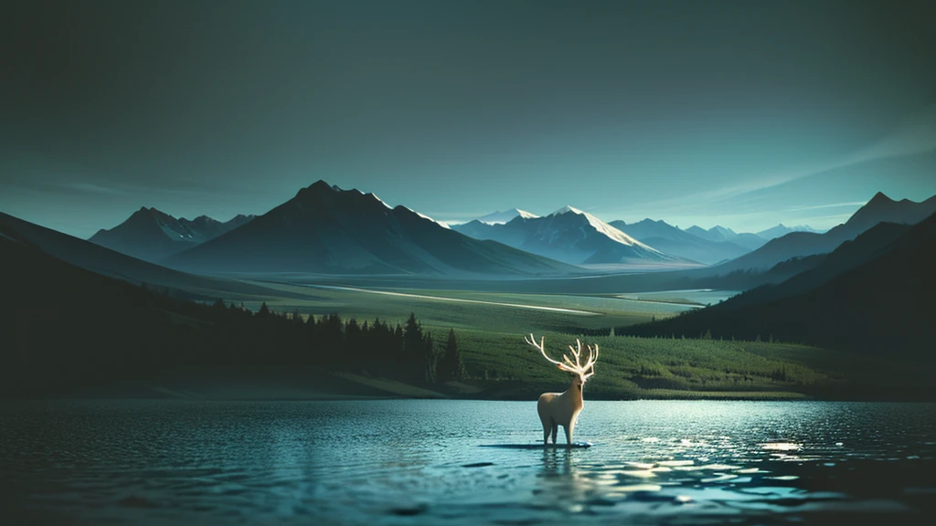 image of a vast wild and untamed world. Show diverse landscapes like dense forests, imposing mountains a deer drinking water from a stream