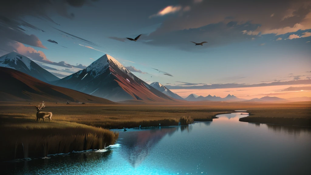 image of a vast wild and untamed world. Show diverse landscapes like dense forests, imposing mountains a deer drinking water from a stream