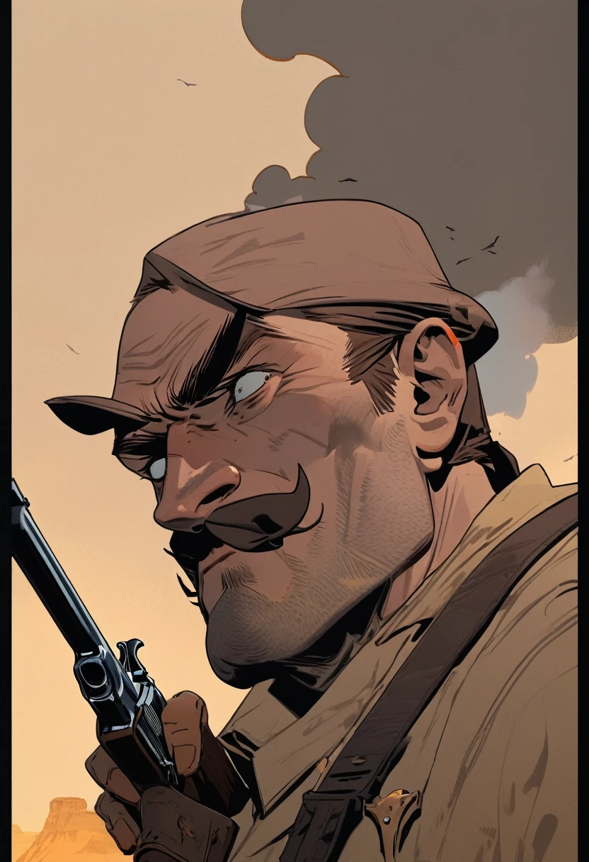 score_9, score_8_up, score_7_up, score_6_up, score_5_up, score_4_up, 1man, Western, Desert, Dark night, Horizon, far away, Wild West, red dead Redemption, cartoon art style, Bald, without beard, large scar on face, smoking, revolver, suspenders, big Moustache