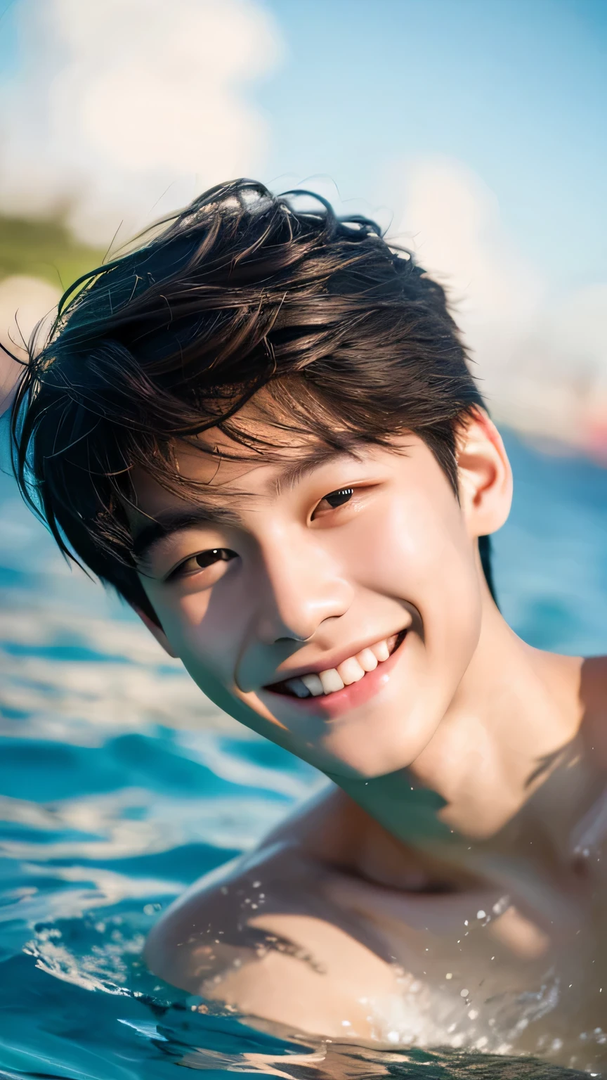 Highest quality, masterpiece, Ultra-high resolution, (Realistic: 1.4), Original photo, wallpaper, Head Photo, skin, Simple Background, Iris, detailed, Selfie, 1 boy, 18-year-old, good looking, Wind,Swimming in the sea、smile