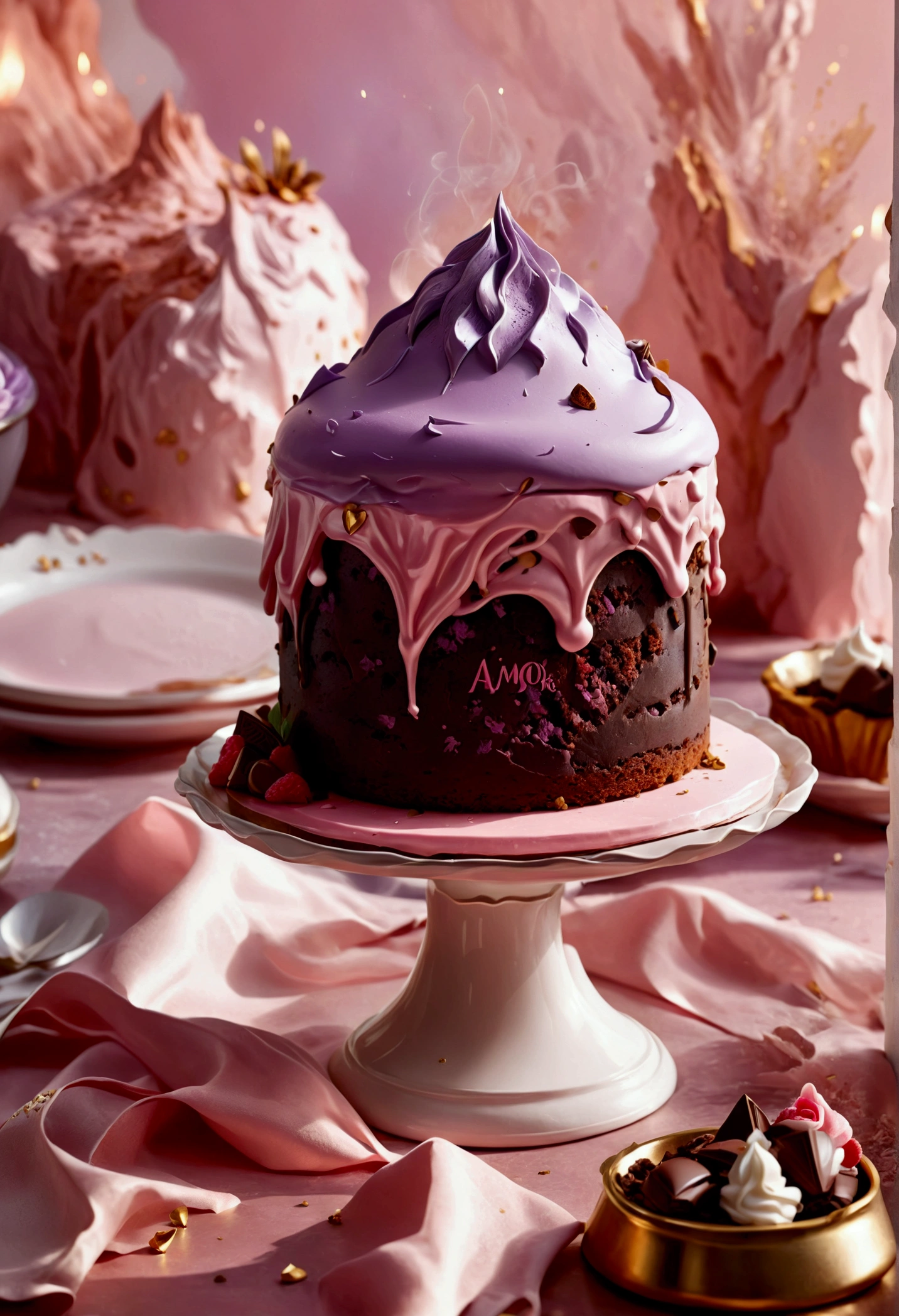 Captivating, high-resolution illustration of the "AMOR DOCE" brand logo. The design features a mini volcano cake, with a mouth-watering chocolate center, artistically rendered to be irresistibly delicious. Shades of baby pink and lilac adorn the cake, creating a sweet, delicate and charming aesthetic. Sleek typography is seamlessly integrated into the design, resulting in a visually stunning, cinematic illustration that perfectly represents the 12k format.