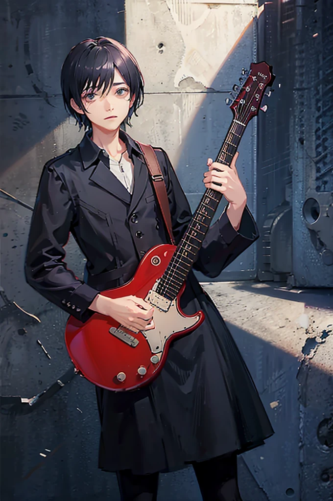 make a song cover of an emo boy holding a guitar with his shadow falling into the matrix