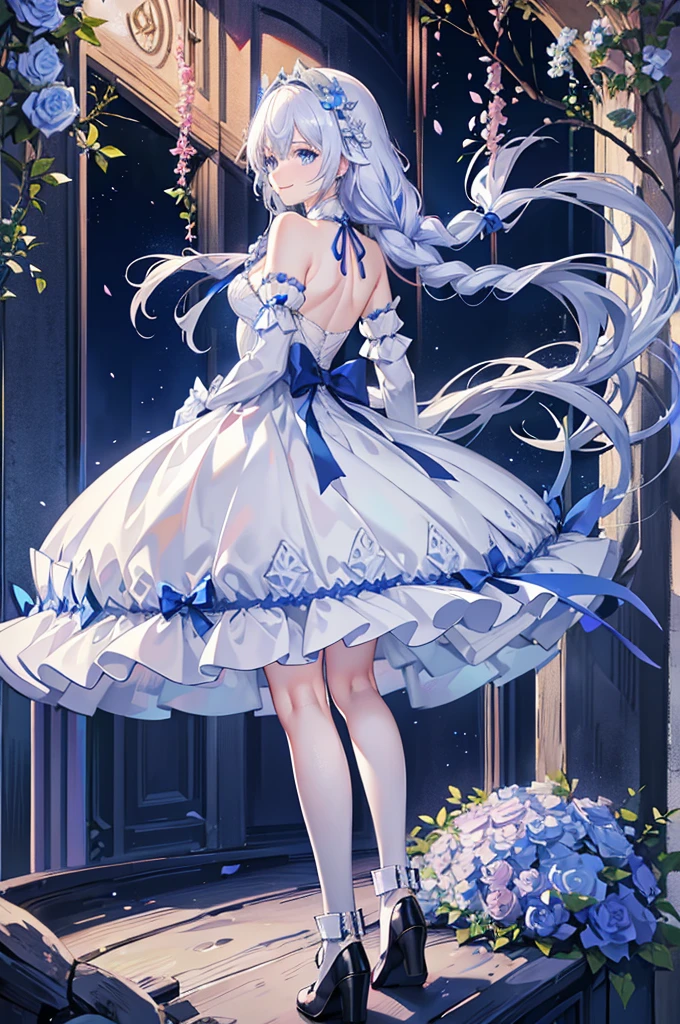 A woman with white hair and blue eyes、adult、Long, fluffy wavy hair、Braiding、Wearing hair ornaments、Smiling、Princess、White gloves、Blue lace dress、ribbon、Decorations such as roses and drops、The dress is short in the front and long in the back、Garter Ring、short boots、Fantasy