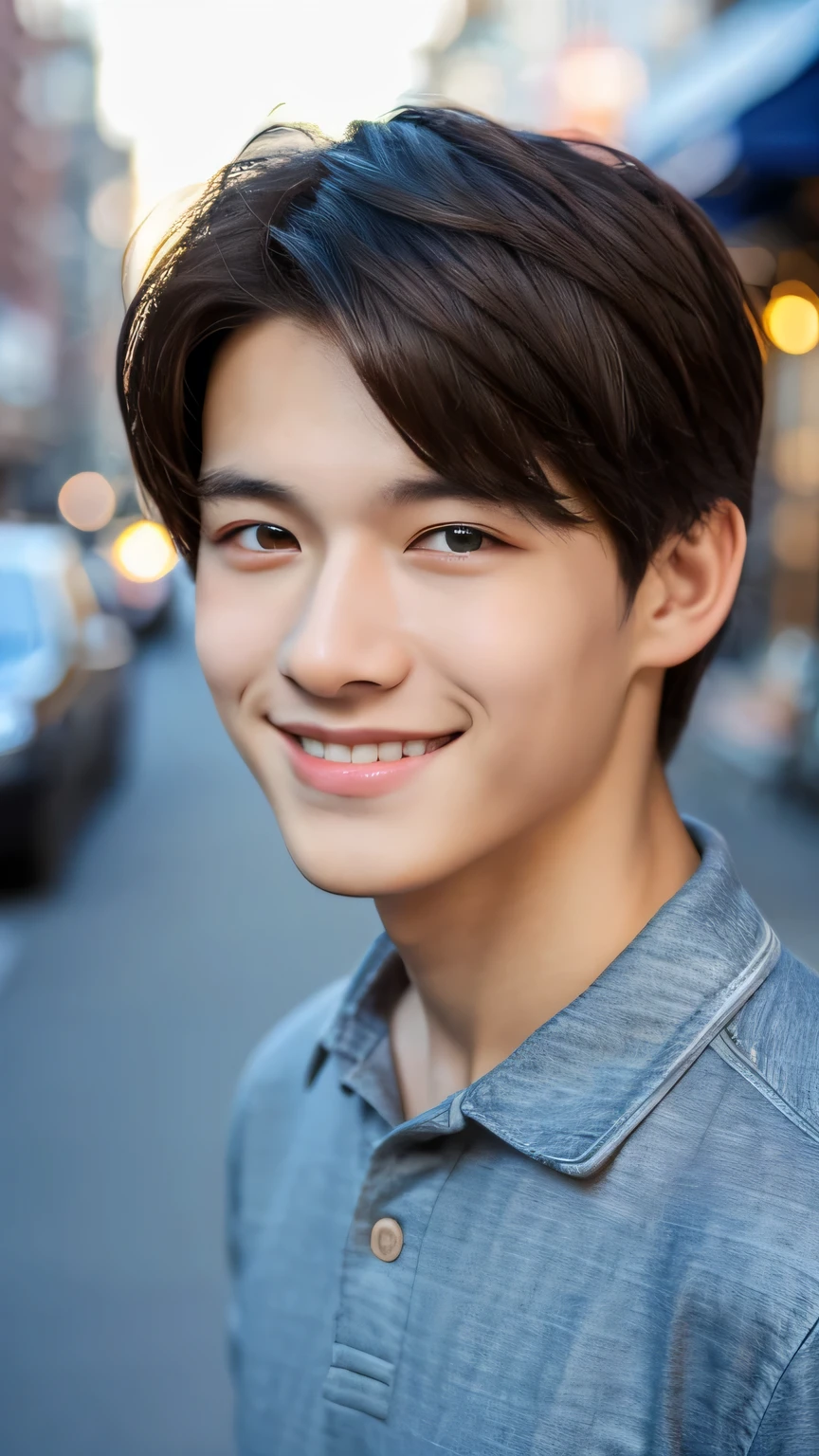 Highest quality, masterpiece, Ultra-high resolution, (Realistic: 1.4), Original photo, wallpaper, Head Photo, skin, Simple Background, Iris, detailed, Selfie, 1 boy, 18-year-old, good looking, Wind,bustling street、smile