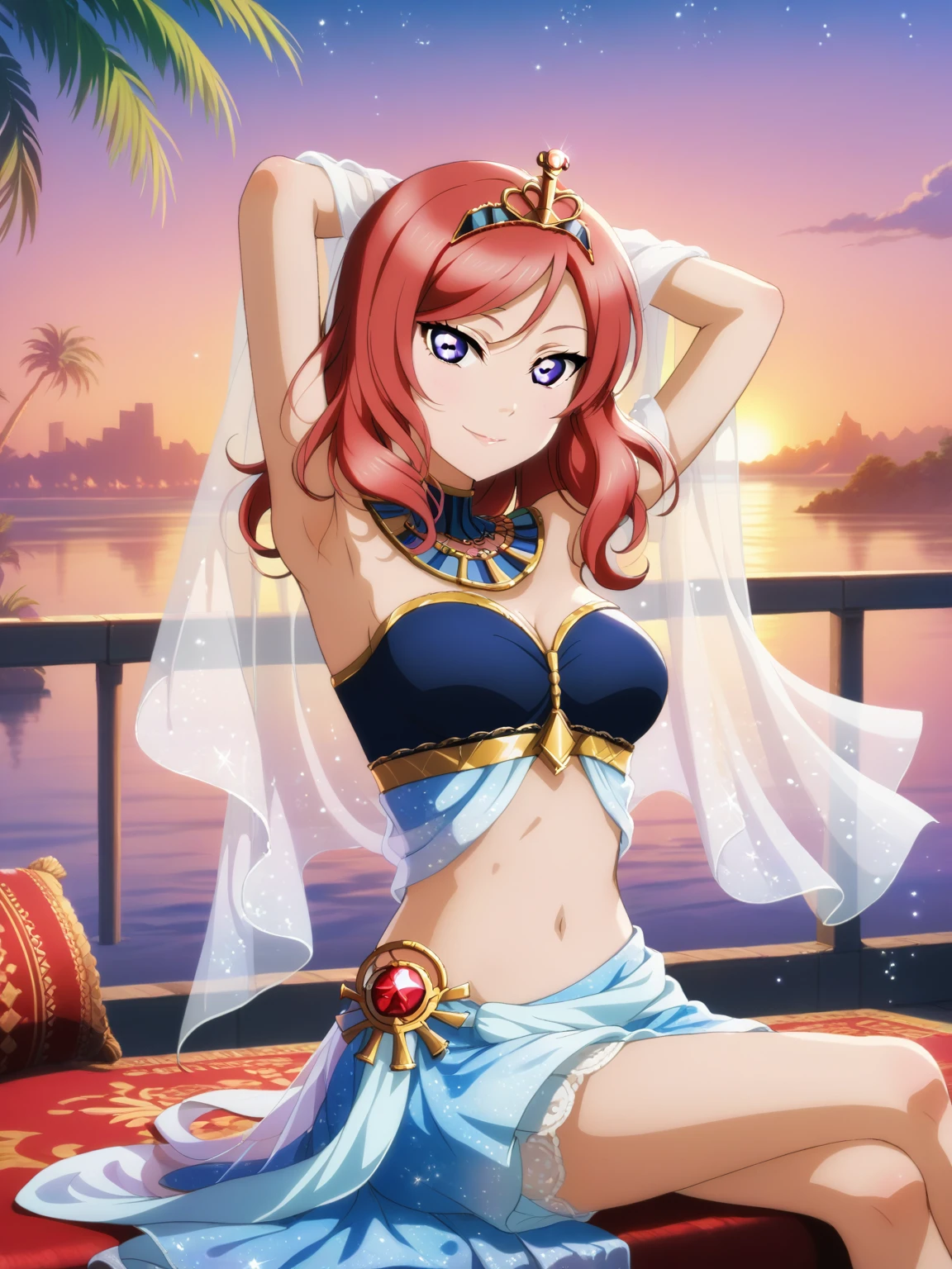 masterpiece, best quality,solo, floating hair,nishikino maki,red hair, detailed eyes,purple eyes, light blue dress, nile river, sunset,palm tree,medium breasts ,midriff peak, Egypt queen , arms up, medium hair , sitting ,tiara, shiny stars , light smile
