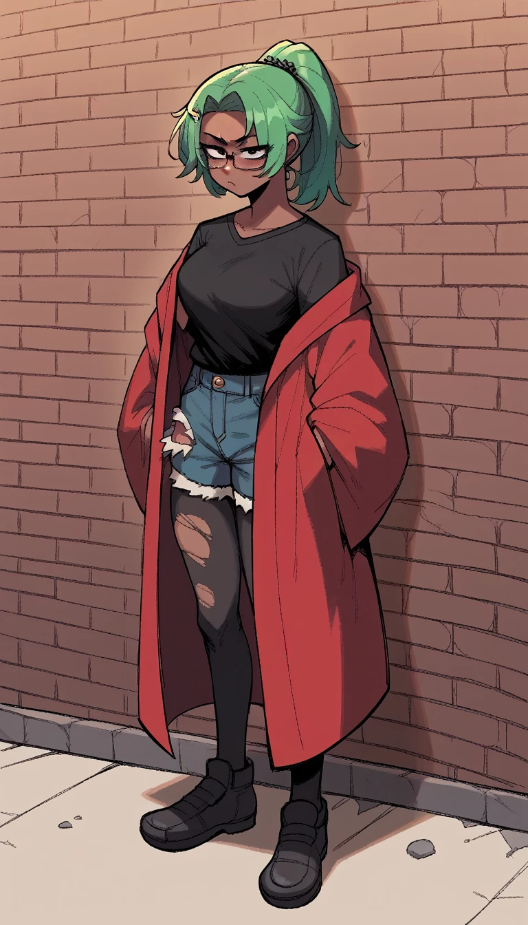 bright green hair, and a ponytail standing in front of a brick wall, glasses, full body portrait of a short!, cel - shaded art style, character full body portrait, full body close-up shot, a character portrait, dressed in a small red robe, teen female emo art student, black jean shorts, black pantyhose, black hairpins, dark skin, torn black shirt, full body character portrait, inspired by Taiyō Matsumoto