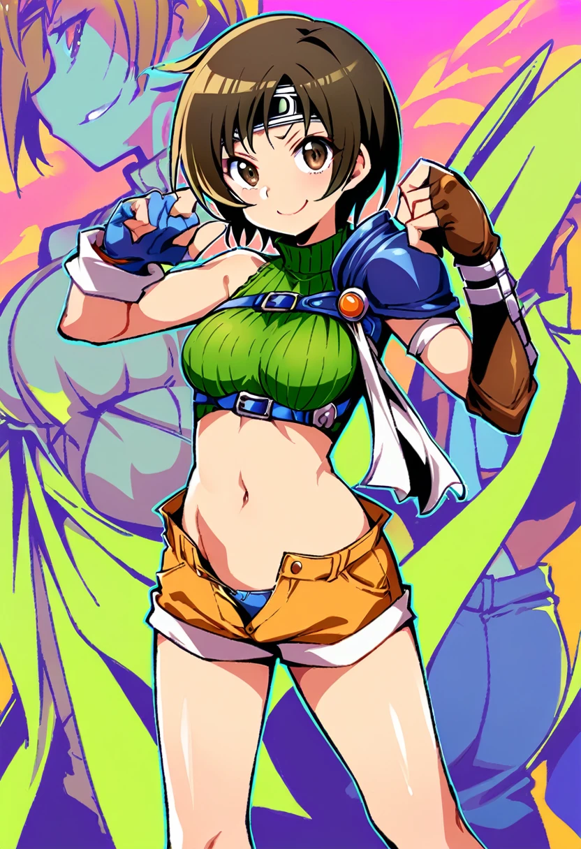 score_9, score_8_up, score_7_up,,BREAK , dynamicangle.,mediumshot,(Standing pose),soro focus,1girl, yuffie kisaragi, final fantasy, short hair,headband,navel,sleeveless,turtleneck,brown eyes,sleeveless turtleneck,solo,breasts,looking at viewer,smile,gloves,crop top,brown hair,shorts,midriff,,sweater,open fly,armor,fingerless gloves,ribbed sweater,medium breasts,,smile,smug,best quality,aesthetic,very aesthetic,masterpiece,high-resolution, (Proportion).