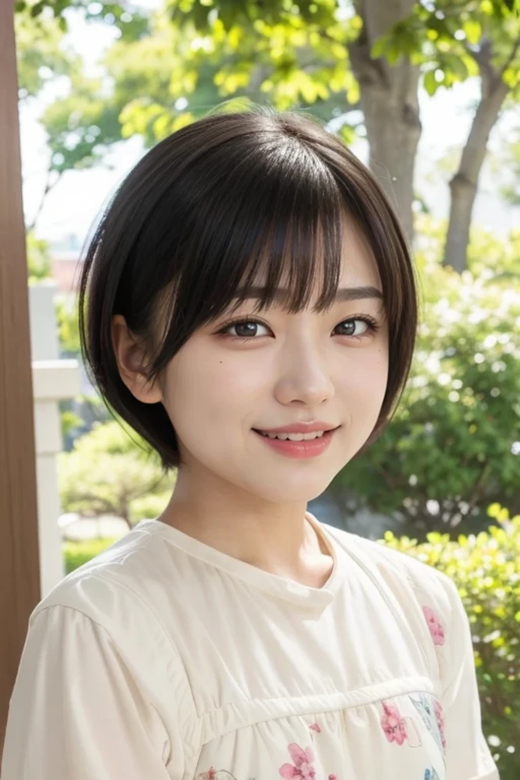 (natural lighting:1.3), 8k, RAW photo, best quality, masterpiece, realistic, photo-realistic, clear, beautiful face, no makeup, best quality, ultra high res, BREAK, Japanese cute girl, , (short cut hair:1.2), smile, standing