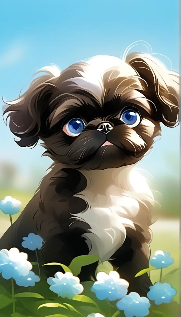 looking_at_viewer, blue_eyes, flower, outdoors, sky, day, cloud, blue_sky, no_humans, animal, small black Shih Tzu puppy, white_flower, realistic, animal_focus, black_puppy
