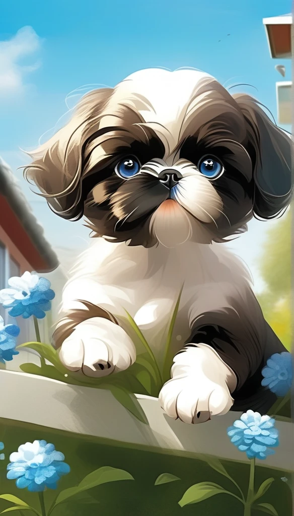 looking_at_viewer, blue_eyes, flower, outdoors, sky, day, cloud, blue_sky, no_humans, animal, small black Shih Tzu puppy, white_flower, realistic, animal_focus, black_puppy