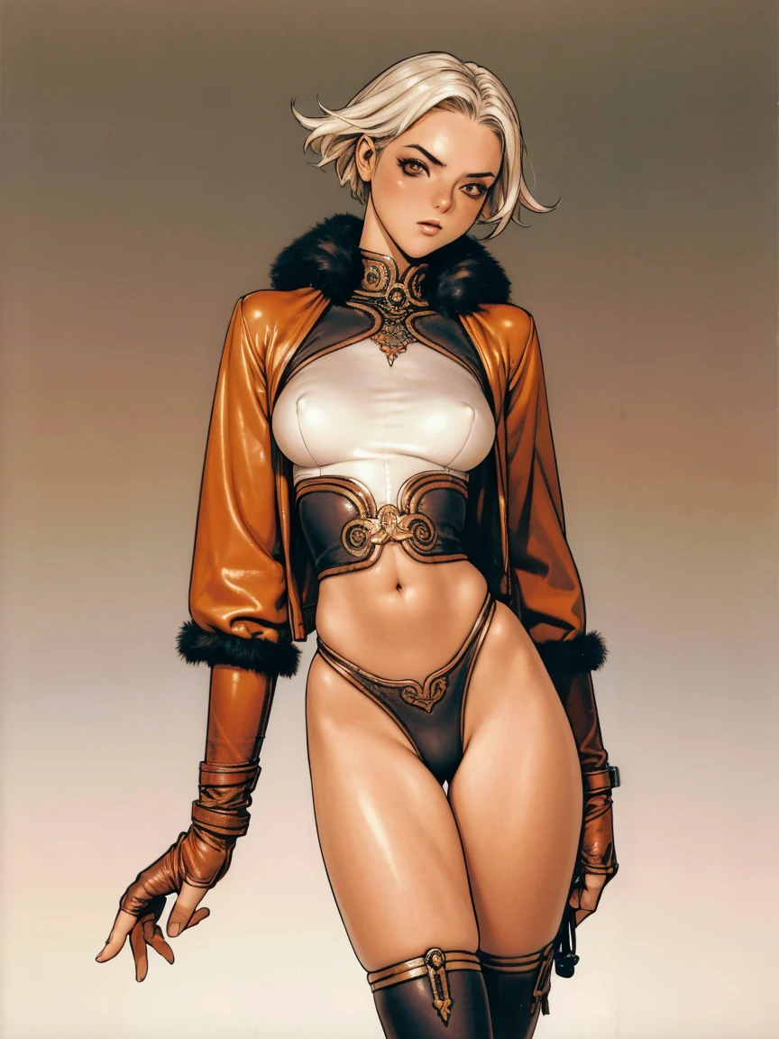 (((Annie Lennox))), (((copper color suit))), (scars), (((bandaged arms))), (((Copper-colored clothes))) ((fur hood)), (((best qualityer: 1.4))), (Unbeatable masterpiece), (hiper HD),(CG 8k hyper-realistic), (((brave face))), (((breasts big))), (((hyper feminine))), sexly girl, black tattoo,（ultra short red hair with white highlights)), ((( sculptural body ))), (((1 Kizi))), Kizi tatuada de 25 anos com perfectbody,,Beautiful and well-groomed face,muscular body:1.2,solid color detailed jacket, (Head to thigh photos)， Complex equipment, copper，Tight clothes，With white stars and off-white stripes,,,,,Armor Metal Electronic Parts, Poison tattoos ) INFO, Kizi, (((standing alone))), pirralha violent, (((14歳))), sexly, pose de atitude, work of art, post-apocalypse, (((manga style))), bounty hunter, violent, Manic, the way you want, perfect body, roupa moderna, advanced technology, Pleated mini skirt with checkered pattern in red and black, fur collar jacket, sleeves with vertical striped pattern, neutral background, (( cowboy shot )). intricate visual, narrow waist, (((wide hips))), fit thighs, thigh gap