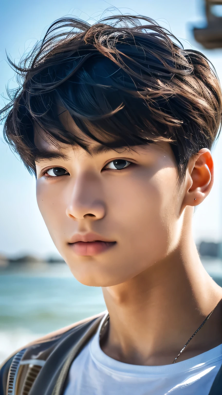Highest quality, masterpiece, Ultra-high resolution, (Realistic: 1.4), Original photo, wallpaper, Head Photo, skin, Simple Background, Iris, detailed, Selfie, 1 boy, 18-year-old, good looking, Wind,Beach