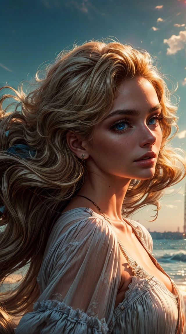 foreground: A pretty woman, blonde hair wavy in the wind. she is a men's magazine model, He has a subtle smile and flirts with the camera., (she wears a short denim motorcycle jacket, casual ribbed t-shirt and leather pants with big belt:1.2), background posing in paris, Paris red light district, green trees, beautiful flowers, ((Sunset:1.3)), (perfect blue eyes:1.21), perfect hands, perfect body, perfect hair, perfect chest, hair behind the ear, happy attitude, UHD, retina, masterpiece, necessary, anatomically correct, textured skin, Super detail, High details, high quality, awarded, Best Quality, High resolution, 16k, 8k,