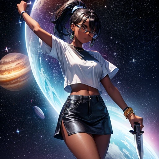 One girl, dark skin, Small breasts, wears thick-framed glasses that accentuate his facial features, Short black hair, Ponytail Silver Shirt, She is wearing another tight shirt underneath her shirt, Vibrant color details reminiscent of stars and planets in space, Blue skirt and high-top boots with non-slip soles,Holding a futuristic knife