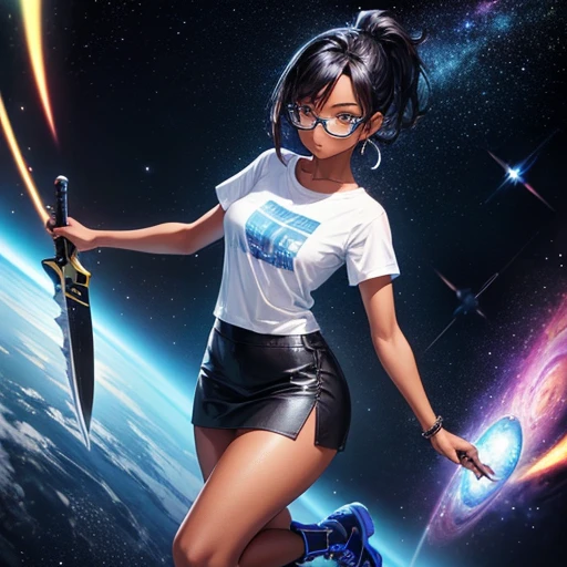One girl, dark skin, Small breasts, wears thick-framed glasses that accentuate his facial features, Short black hair, Ponytail Silver Shirt, She is wearing another tight shirt underneath her shirt, Vibrant color details reminiscent of stars and planets in space, Blue skirt and high-top boots with non-slip soles,Holding a futuristic knife