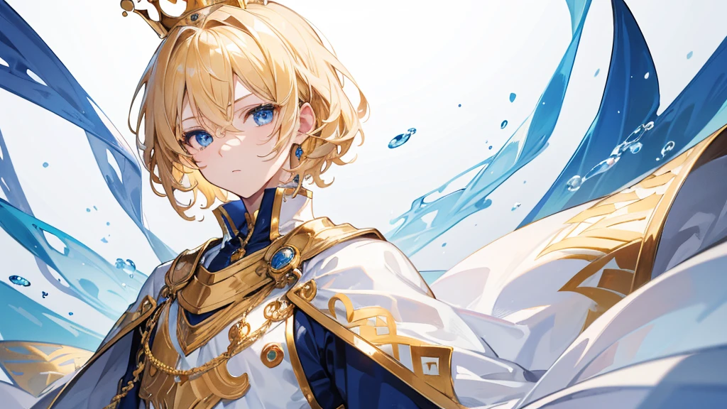 (Highest quality) (4K) (8k) (High resolution) (masterpiece:1.2) (Super detailed) One boy short hair Wizard Blue Eyes Long sleeve Golden decoration Hair between the eyes White Dress Wavy golden hair Upper Body crown (White Background) cute Young Serious