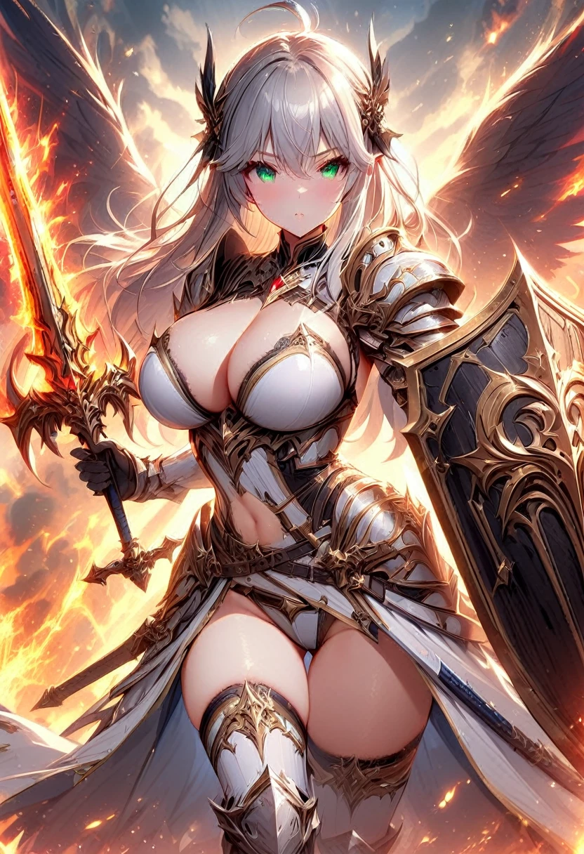masterpiece,best quality, knight, long hair, silver hair, green eyes,((1girl)), (white_armor), golden ornaments, sword, shield, ((holding sword)), ((big breasts)), exposed belly, 1girl, cleavage, legs exposed, ((shield-over_arm)), ((Perfect face)),add_detail:1, add_detail:0, add_detail:0.5, ((Sword and shield))