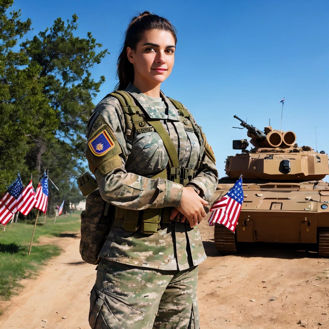 Beautiful united states female soldier standing at army compound with flags and army soldiers, 8K, ultra high resolution photorealistic, UHD, RAW