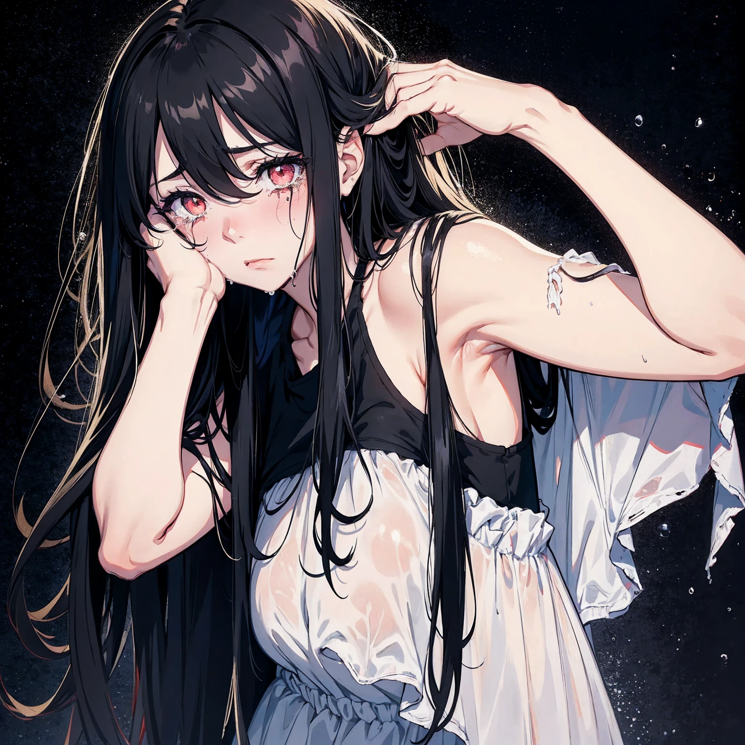 despair, girl, tears, arms covering face, black hair, long hair, messy hair, runny makeup, black background, rain, portrait, depression, crying