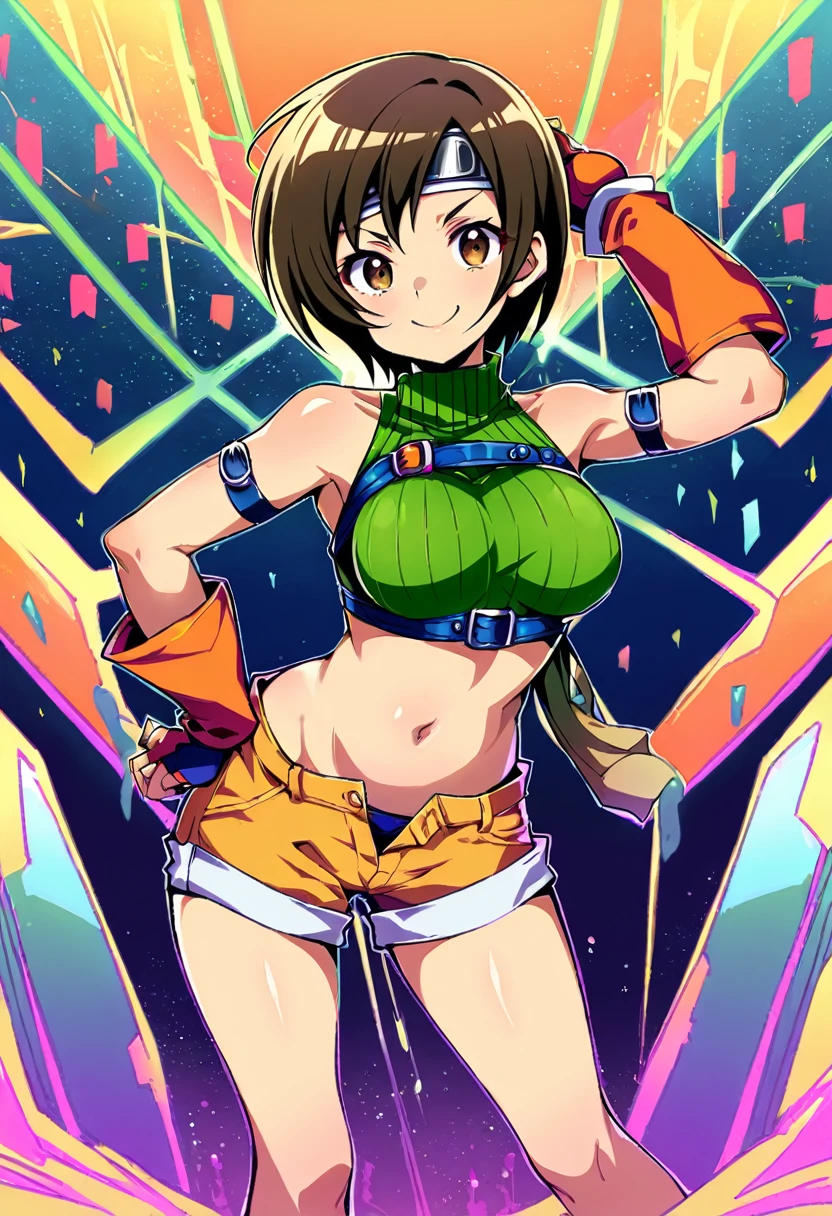 score_9, score_8_up, score_7_up,,BREAK , dynamicangle.,mediumshot,(Standing pose),soro focus,1girl, yuffie kisaragi, final fantasy, short hair,headband,navel,sleeveless,turtleneck,brown eyes,sleeveless turtleneck,solo,breasts,looking at viewer,smile,gloves,crop top,brown hair,shorts,midriff,,sweater,open fly,armor,fingerless gloves,ribbed sweater,medium breasts,,smile,smug,best quality,aesthetic,very aesthetic,masterpiece,high-resolution,  (Proportion).