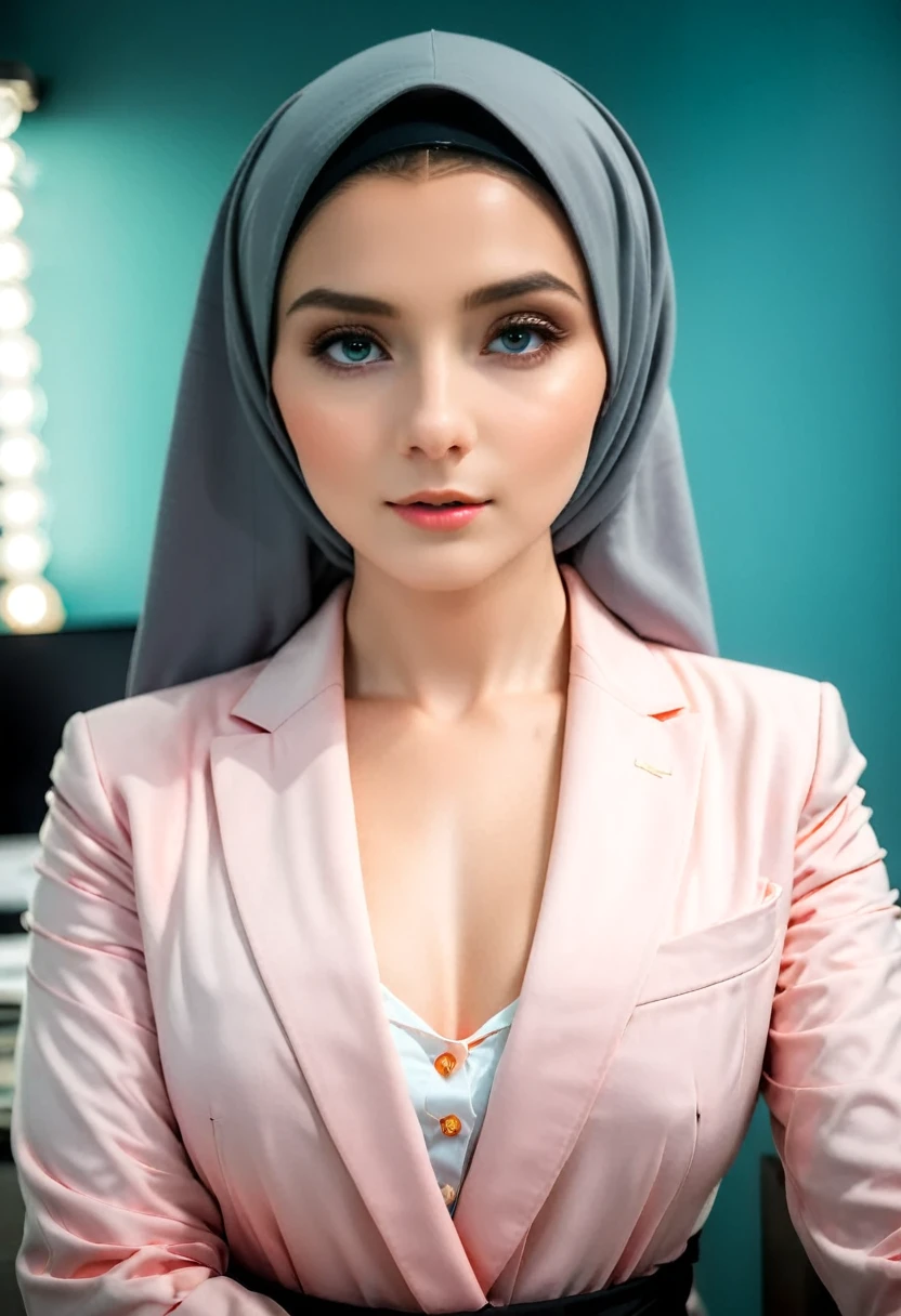 ((Beautiful white islamic girl with a beautiful face with Hijab grey eyes)), (islamic long blazer:1.5), (islamic long skirt),(islamic abaya with long sleeves), colorful, ((office)), exposure blend, sit down, thight,, bokeh, (hdr:1.4), high contrast, (cinematic, teal and orange:0.85), low saturation,(seductive angle),(full body),(detailed eyes:1.5),((no hair)),(cowboy shot),(glowing skin),(blink),(looking at viewer),(pale skin),(blush:1.2), selfie, medium shot,