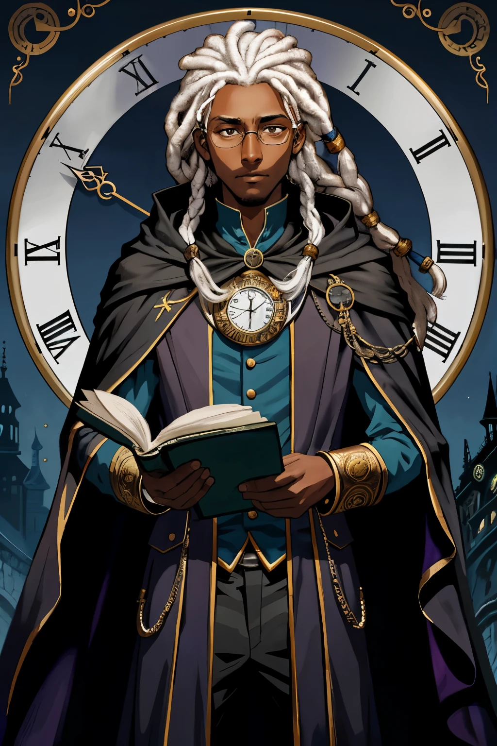 Time Wizard. male. Young. Black. Dark skin. Pocket watch. Dreads. Circle Glasses. Unhinged. Nervous. Neurotic. Eyebags. Fantasy. Chronomancer. Bookish. white hair. Scared. Young. Clean shaven. Tired. Cloak. Tired. Young adult. Clockwork. Dreadlocks. Pocket watch. Sleepy