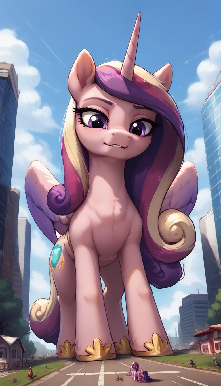 score_9, score_8_up, score_7_up, score_6_up, 
(Princess Cadence) fur, body fur, (feral), source_pony, pony, cute female, long hair, wings, 
GTS, giantess, (crawling over buildings, crawling:1.3), on all fours:1.5, looking down at viewer, in Tokyo, daytime, outdoors,detailed background, (fisheye:1.2), (perspective:1.3), full body, looming, low angle, from the ground,