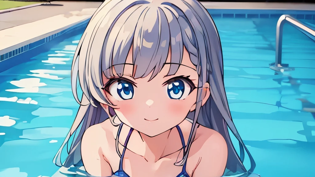 ((masterpiece)), ((best quality)), (ultra-detailed), anime style, pool, a cute girl, 1girl, solo, ((beautiful eyes)), smile, bikini00,